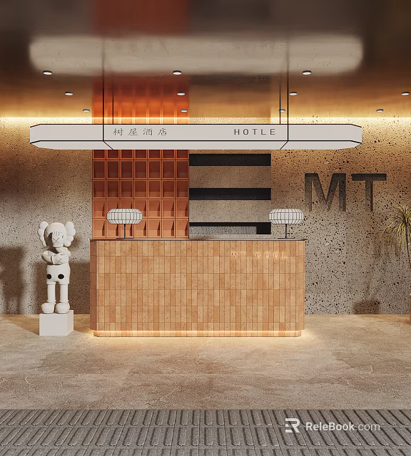 Modern Elegant Hotel Reception Desk Interior With Wooden Counter Warm Lighting And Decorative Statue 3d model 