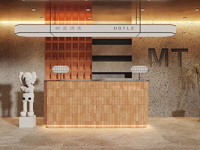 Modern Elegant Hotel Reception Desk Interior With Wooden Counter Warm Lighting And Decorative Statue 3d model