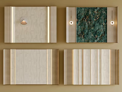 Bedroom Accent Wall Design Ideas Featuring Beige Green Marble Wood Panels And Lighting 3d model