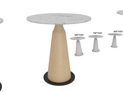 Round Marble Top Tables With Wooden Conical Bases And Various Heights 3d model