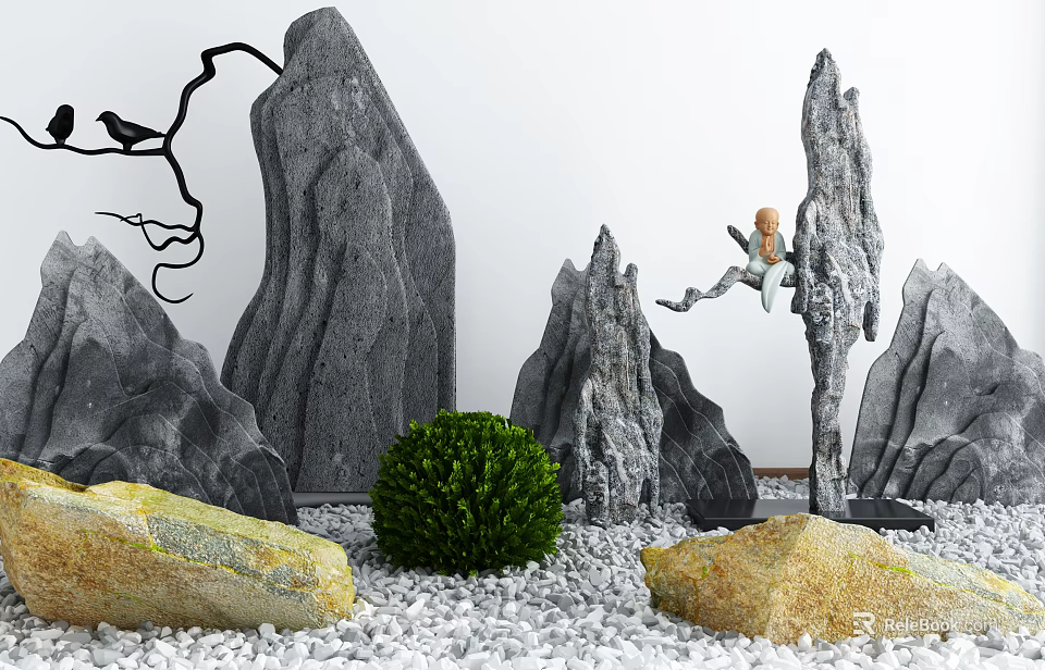 Garden Courtyard Featuring Gray Stone Rocks Green Bush and White Pebbles 3d model 