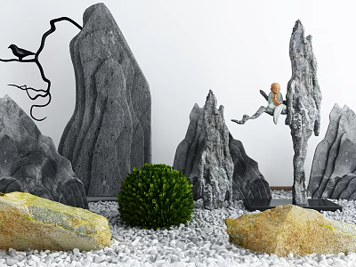 Garden Courtyard Featuring Gray Stone Rocks Green Bush and White Pebbles 3d model