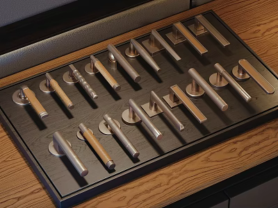 Various Metal And Wooden Furniture Handles Displayed On Wooden Tray With Stylish Designs 3d model