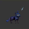 Mythical Game Character Blue Fox With Glowing Ears Tail Tip Yellow Eyes And Light Particles