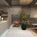 Chinese Style Hotel Lobby With Arched Doorway Stone Walls Green Plants Steps Sofa And Chandelier