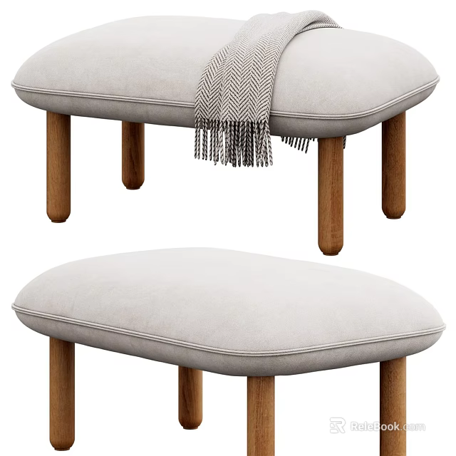 Light Gray Padded Sofa Stools With Wooden Legs And Checkered Fringe Blanket 3d model 