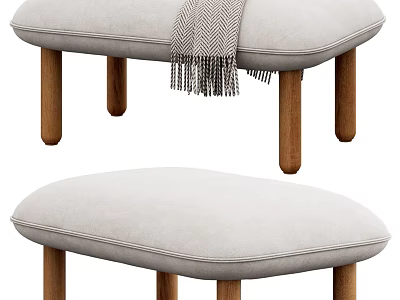 Light Gray Padded Sofa Stools With Wooden Legs And Checkered Fringe Blanket 3d model