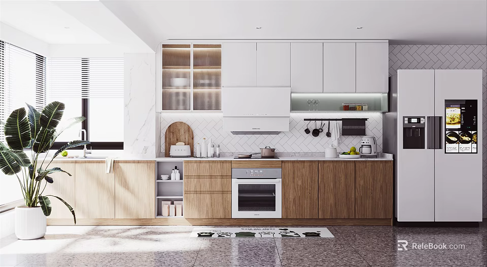 Modern Kitchen With White Wooden Cabinets Marble Backsplash Window Oven And Refrigerator 3d model 