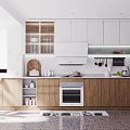 Modern Kitchen With White Wooden Cabinets Marble Backsplash Window Oven And Refrigerator