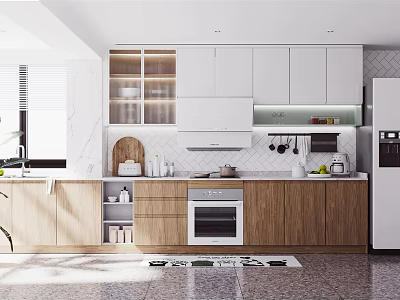 Modern Kitchen With White Wooden Cabinets Marble Backsplash Window Oven And Refrigerator 3d model