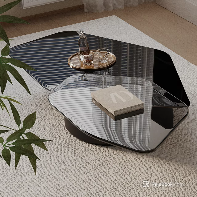 Modern Sofa And Glass Coffee Table Set Featuring Striped Design Tray And Leafy Plant 3d model 