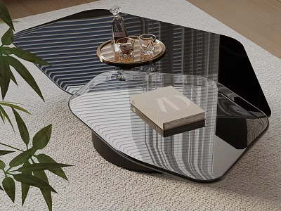 Modern Sofa And Glass Coffee Table Set Featuring Striped Design Tray And Leafy Plant 3d model