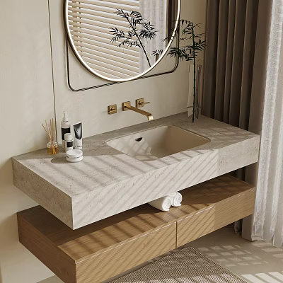 Bathroom Vanity with Marble Countertop Gold Faucet Round Mirror and Wooden Cabinet 3d model