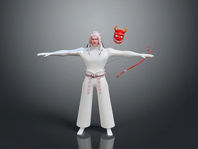 Fantasy Character In White Outfit With Red Devil Mask Bow Arrow Arms Outstretched 3d model