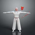 Fantasy Character In White Outfit With Red Devil Mask Bow Arrow Arms Outstretched