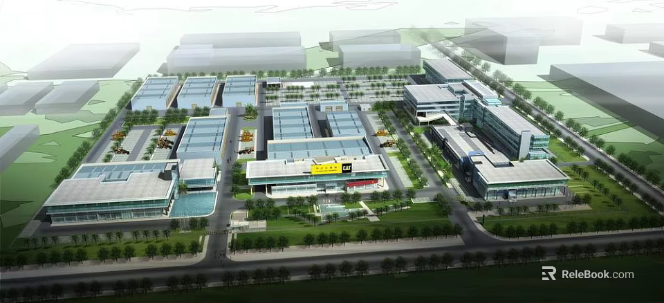 Modern Large Scale Industrial Factory Warehouse Structures With Green Areas And Roadways 3d model 