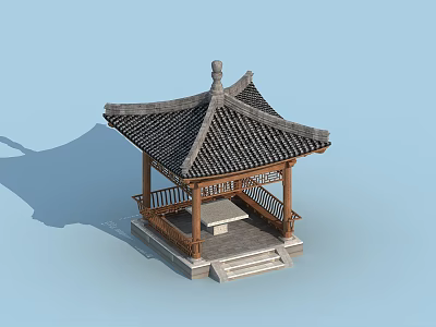 Traditional Chinese Style Pavilion With Tiled Roof Wooden Railings And Stone Steps 3d model