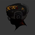 Black Sci Fi Helmet With Red Circular Lenses Yellow Geometric Patterns And Metal Components