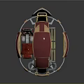 Futuristic Spherical Maroon And Silver Motorcycle With Metallic Frame And Interior Details