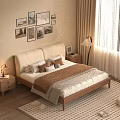 Bedroom With Wooden Bed White Bedding Brown Throw Side Tables Lamps Wall Art Curtains Sunlight