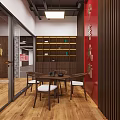 Chinese Style Reception Space With Wooden Ceiling Marble Front Desk And Display Shelves