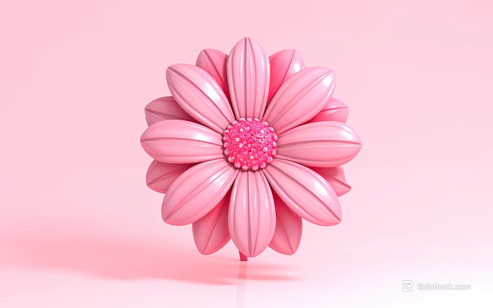 Pink 3D Rendered Flower with Layered Petals and Pink Center Slender Stem and Reflection 3d model 