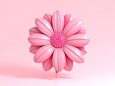 Pink 3D Rendered Flower with Layered Petals and Pink Center Slender Stem and Reflection 3d model