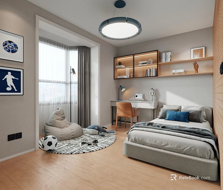 Modern Kids Room Interior With Bed Desk Bookshelf Bean Bag Chair And Football Decor 3d model 