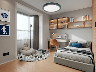 Modern Kids Room Interior With Bed Desk Bookshelf Bean Bag Chair And Football Decor 3d model