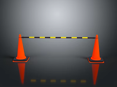 Orange Traffic Cones With Yellow Black Striped Bar For Road Safety Setup 3d model