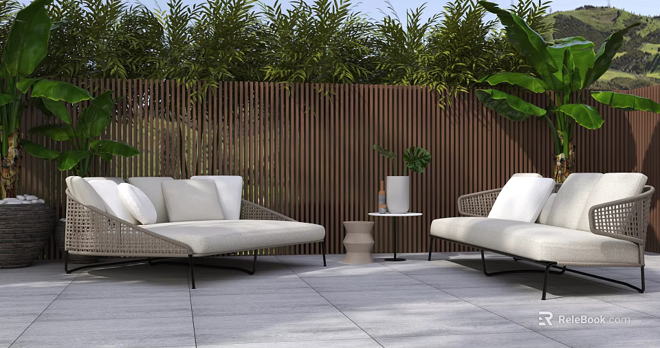 Woven Outdoor Sofa with White Cushions in Patio with Wooden Fence and Green Plants 3d model 