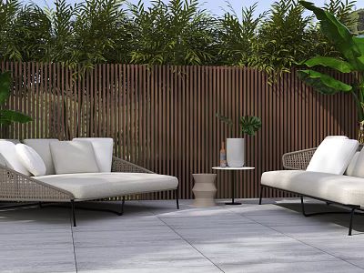 Woven Outdoor Sofa with White Cushions in Patio with Wooden Fence and Green Plants 3d model