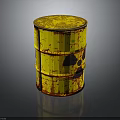 Rusty Yellow Radioactive Barrel With Radiation Warning Symbol On Dark Surface