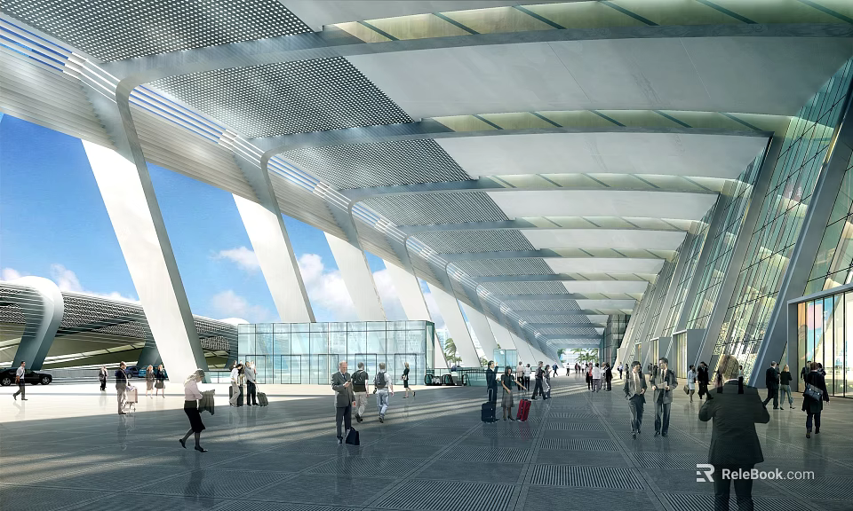 Modern Station Interior With Glass Curtain Walls Metal Roof And Pedestrians With Luggage 3d model 