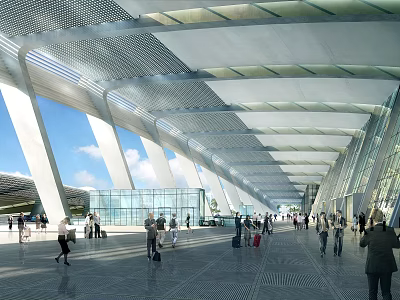 Modern Station Interior With Glass Curtain Walls Metal Roof And Pedestrians With Luggage 3d model