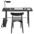 Modern Black Desk With Laptop Tablet Pen Lamp And Gray Chair Plus Black Backpack