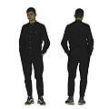 Man Wearing Black Shirt and Pants Front and Back Full Body View