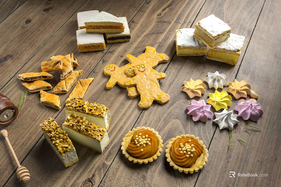 Assorted Desserts With Layer Cake Slices Gingerbread Man Cookies Tarts And Meringues 3d model 