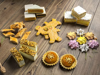 Assorted Desserts With Layer Cake Slices Gingerbread Man Cookies Tarts And Meringues 3d model