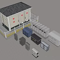 Industrial Equipment Setup With White Fenced Building And Tiled Roof Various Colored Enclosures And Cabinets