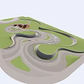 Park Landscape Layout Featuring Green Grass Winding Paths Brown Paved Sections And Blue Water Features 3d model