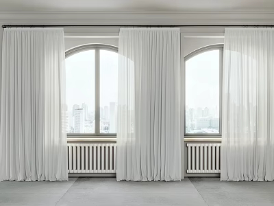 Elegant Long White Sheer Curtains For Arched Windows With City View 3d model