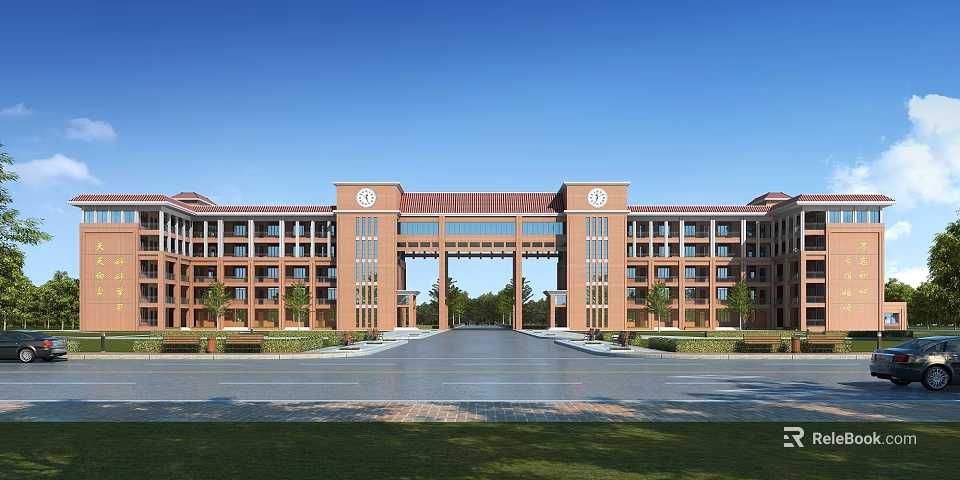 Grand Red Brick School Building With Symmetrical Structure Arched Gateway And Front Plaza Green Lawns 3d model 