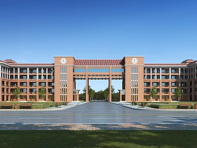 Grand Red Brick School Building With Symmetrical Structure Arched Gateway And Front Plaza Green Lawns 3d model
