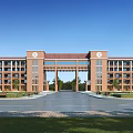 Grand Red Brick School Building With Symmetrical Structure Arched Gateway And Front Plaza Green Lawns