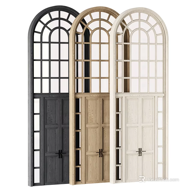 Classic Arched Top Double Doors With Grid Windows In Black Wood And White Finish 3d model 