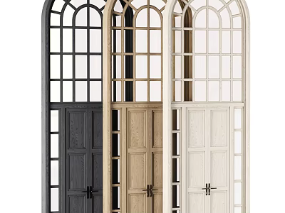 Classic Arched Top Double Doors With Grid Windows In Black Wood And White Finish 3d model