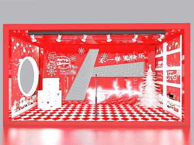 Red Christmas Window Display With Checkerboard Floor Mirror White Christmas Tree And Decorations 3d model