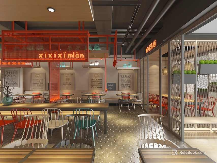 Modern Restaurant Interior Design With Orange Decor Open Layout Colorful Chairs And Greenery 3d model 