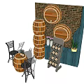 Rustic Bar Counter Setup With Stacked Wooden Barrels Brick Wall Stools And Wine Rack